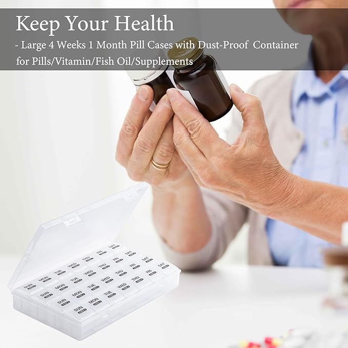 Monthly Pill Organizer, 28 Day Pill Box 1 Time a Day with Dust-Proof Case, Large 4 Weeks a Month Pill Case Container, Daily Vitamin Case Box for Pills/Medicine/Fish Oil/Supplements（White）
