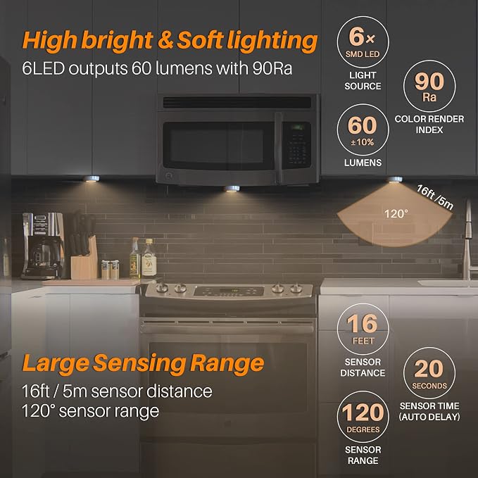 STAR-SPANGLED 2.8” LED Motion Sensor Lights Indoor AAA Battery, 6 Pack Warm | Stick on Puck Light Battery Powered, Round Motion Activated Night Lamps, For Closet Stairs Under Cabinet Kitchen Pantry Shelf