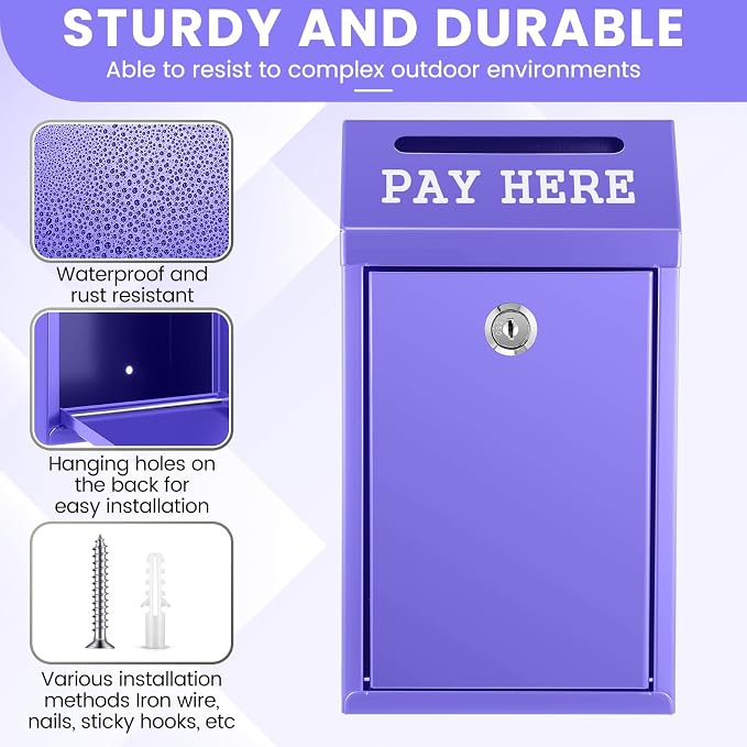 Yaocom Safe Metal Cash Box for Farm Stand – Money Drop and Secure Donation Collection, Wall Mount Lockable Unit with Pre Drilled Holes for Outdoor Self Serve(Purple,10.2 x 5.7 x 2.8 Inch)