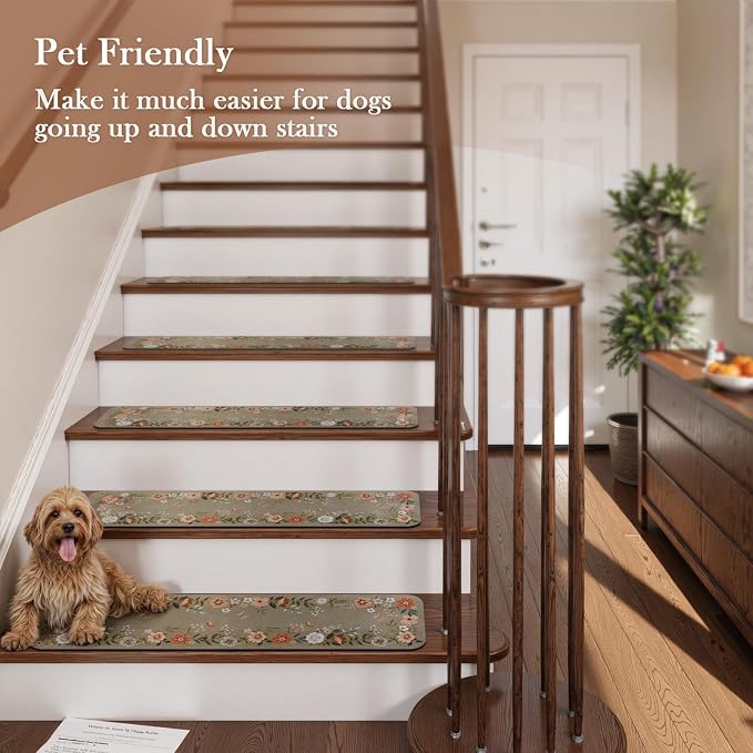 OJIA Floral Stair Treads Non-Slip Stair Runners 15PCS 30"x8" | Carpet Stair Treads for Wooden Steps Indoor Mats Staircase Step Treads for Kids, Elders and Dogs, Stair Covers, Brown