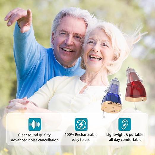 Rechargeable Hearing Aids for Seniors with Noise Cancellation, OTC Hearing Aids Digital Chips for Clear Sound, CIC In-Ear Fit Comfortable & Invisible, Charging Case Volume Control, 1 Pair, Red and blue