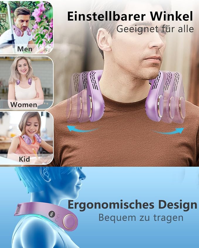 Personal Neck Fans that Blow Cold with Cooling Plate, Wearable Around Bladeless Cooling Device, Rechargeable Head Neck Coolers for Kids Women Men Extremely Hot Weather Outdoor Indoor, Purple