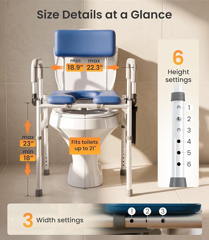 Vocic Drop Arm Bedside Commodes for Adults/Seniors/Disabled Users, YR11 LITE | Wide Adjust to 22.8" | Height Adjust to 23" | 400lb Capacity | Padded Seat | Motion Light | 6.3Qt Bucket with Lid
