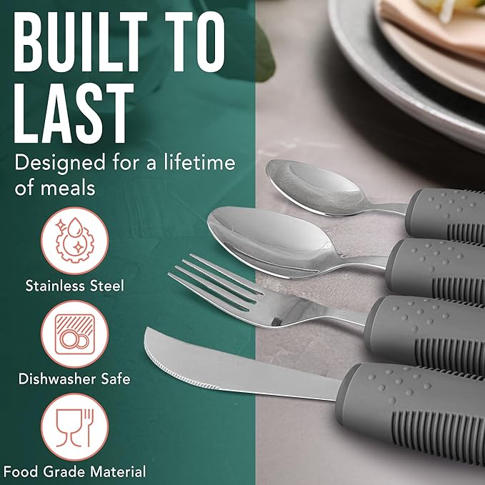 BUNMO Adaptive Utensils for Elderly, Arthritis, Weak Hand Grip & Handicapped - 4 Piece Set - Convenient Travel Pouch - Lightweight - Arthritis Gifts for Seniors Over 80 - Gifts for Disabled Adults
