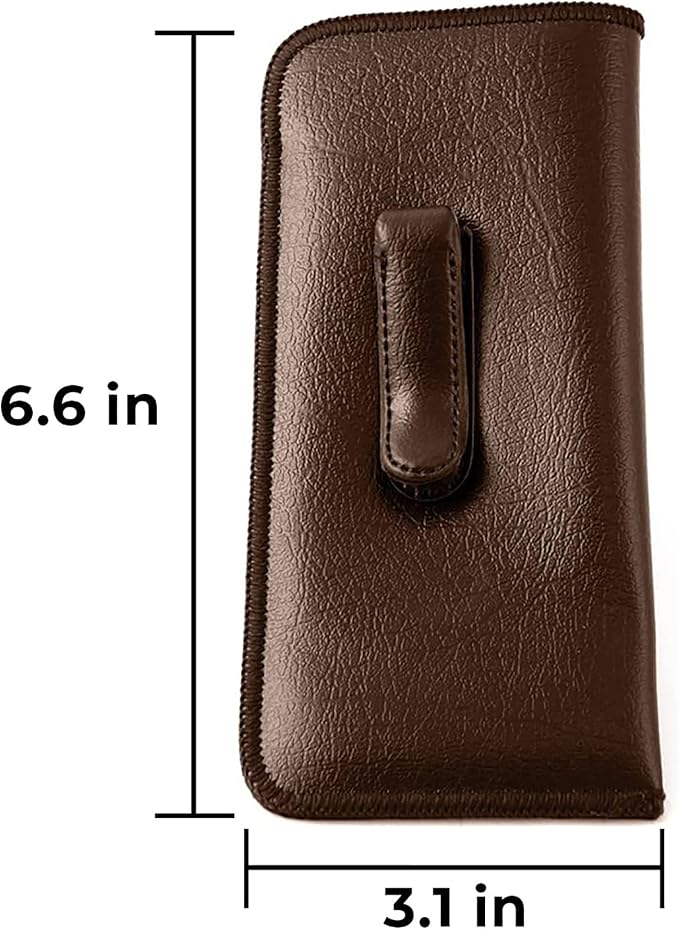 Calabria Soft Slip-In Glasses Case with Pocket Metal Clip Brown for Men/Women Synthetic Leather Felt Lining 6.5"x3" - 100PACK