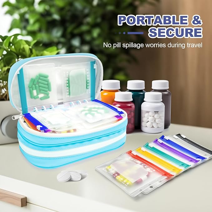Timueetech XXL A6 Pill Organizer, 28 BPA-Free Medication Pouches for A6 Binders, Large Monthly Waterproof Storage System with Double-Compartment Travel Case, Blue