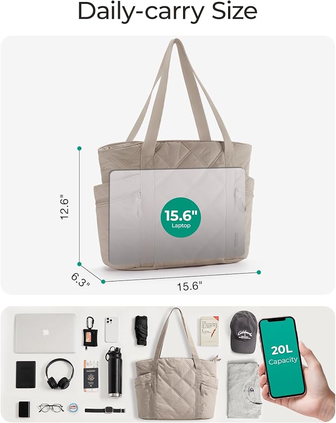 BAGSMART Crush Tote Bag for Women, 20L Puffer Work Tote with Zipper | Quilted Nurse Hospital Bag For Travel College Gym