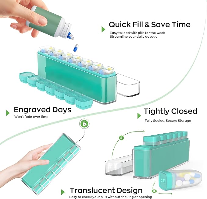 Weekly Pill Organizer 1 Time a Day, HIONXMGA Portable Detachable Travel Pill Box 7 Day, Large Once Daily Pill Holder Case, Color-Coded Dispenser for Vitamin Medicine Supplement Fish Oil, Cyan