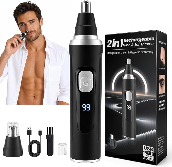 Ear and Nose Hair Trimmer for Men & Women,2026 Painless USB Rechargeable Eyebrow & Facial & Nose Hair Trimmer Clipper with LED Display for Easy Cleansing Travel Size (Black)