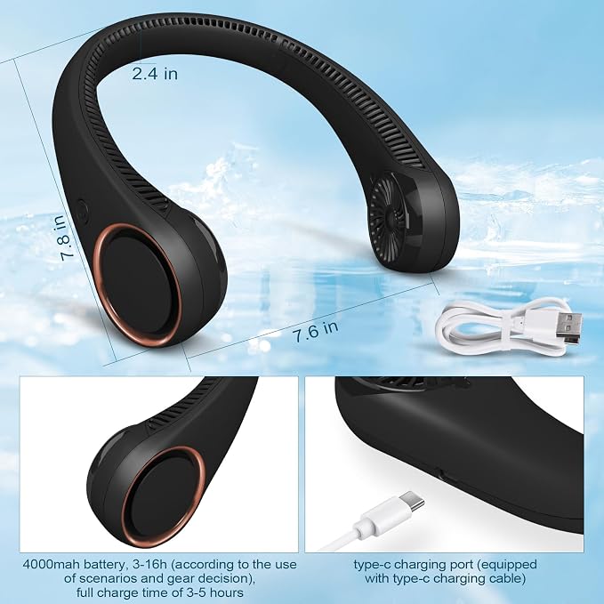 CIVPOWER Neck Fan: Portable Personal Neck Cooling Rechargeable Bladeless Fan - Hands Free 3 Speed 4000 mAh Battery USB Operated Wearable Headphone Design - Gift for Men Women Outdoor (Black)