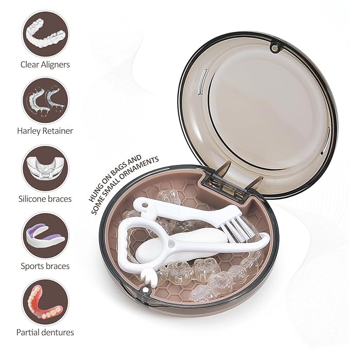 Retainer Case with Lanyard Slim Aligner Case with Vent Holes Retainer Removal Tool and Brush Compatible with Night Guard(Clear Brown with Lanyard)