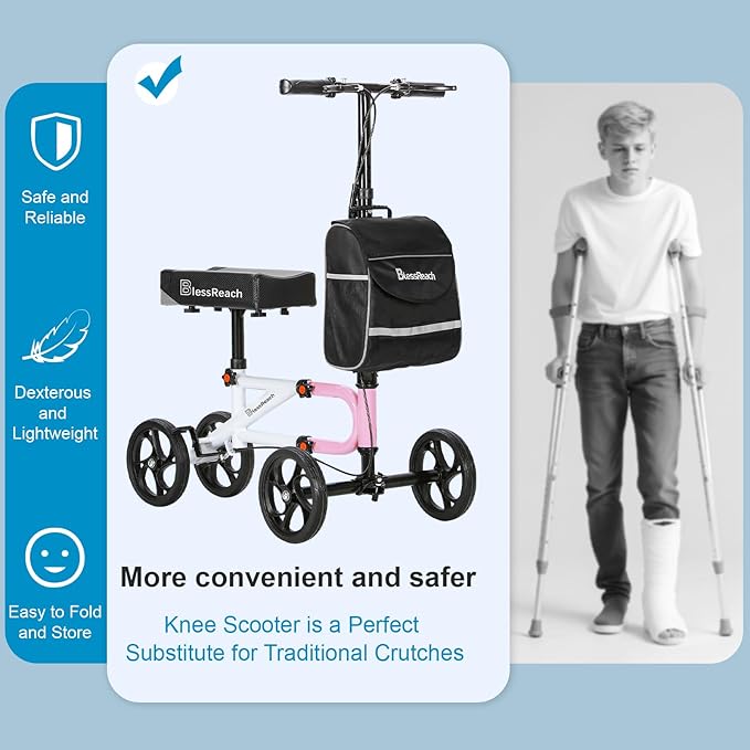 Economy Knee Scooter Steerable Knee Walker for Foot Injuries Compact Crutch Alternative with Dual Braking System (Pink)