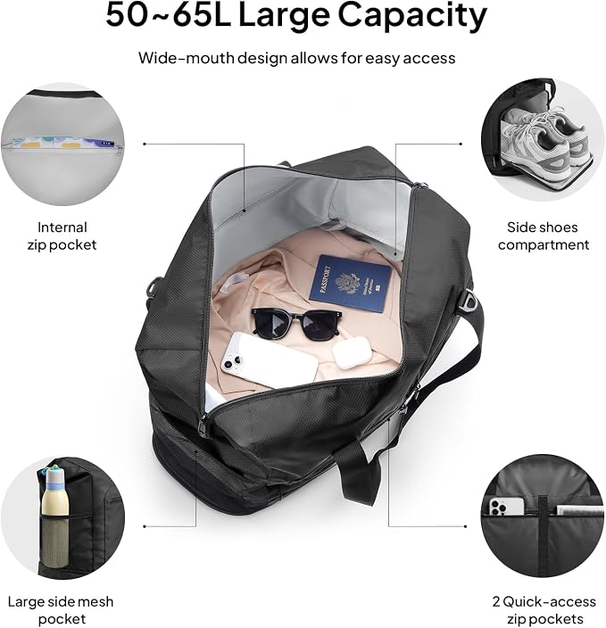 TOPEAST Foldable Travel Bag for Men & Women, 65L Weekender Overnight Duffle Bag for Travel, Expandable Airline Approved Carry-On with Shoe Compartment, Lightweight Personal Item Bag, Water-resistant
