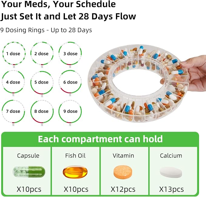 JULOS WiFi Automatic Pill Dipenser with Remote Care Monitoring for Seniors | Up to 9 Doses Per Day with Sound & Light Reminder, Top Lock Key, Ergonomic Lid Design for Elderly & Dementia Care