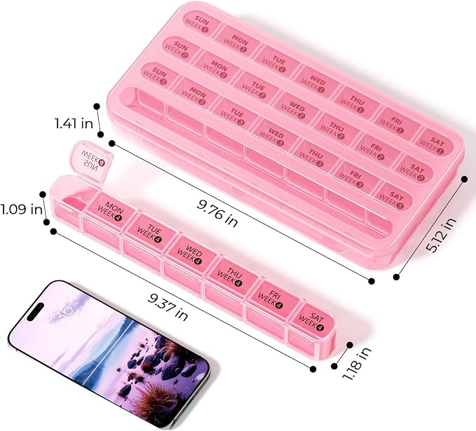Daviky Monthly Pill Organizer 28 Day, 4 Week Pill Box with Removable Weekly Trays, Large BPA-Free Pill Organizer for Vitamins, Supplements and Medication, Travel Pill Case with Storage Box, Pink