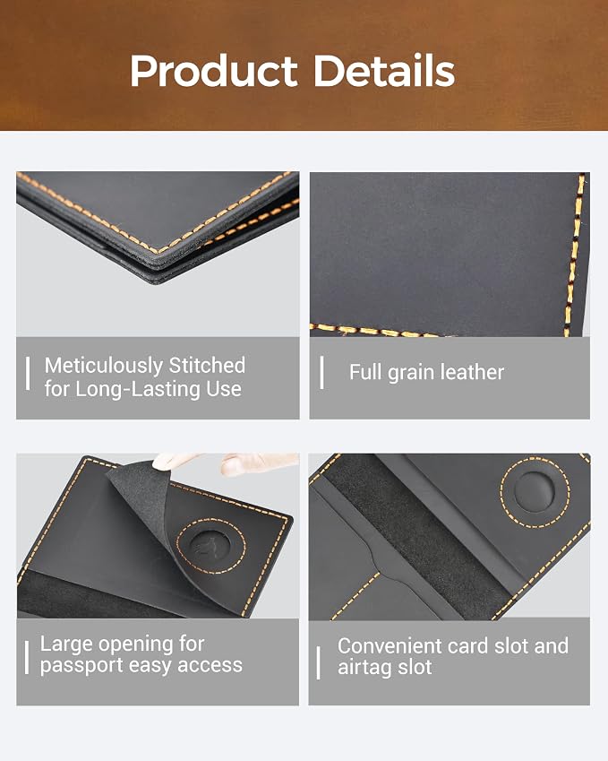 Passport Holder for Travel, Genuine Leather Passport Wallet Cover Case with Airtag Slot, RFID Blocking, for Women Men, Travel Essentials Gift, Black