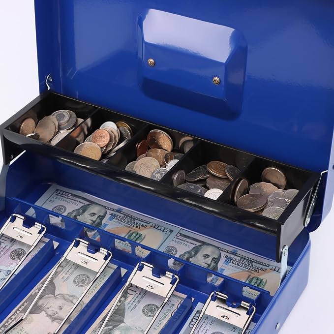 xydled Metal Cash Box, Cash Box with Money Tray and Combination Lock, Storage Box, Blue,4 Bill / 5 Coin Slots,11.8" x 9.5" x 3.5",Blue