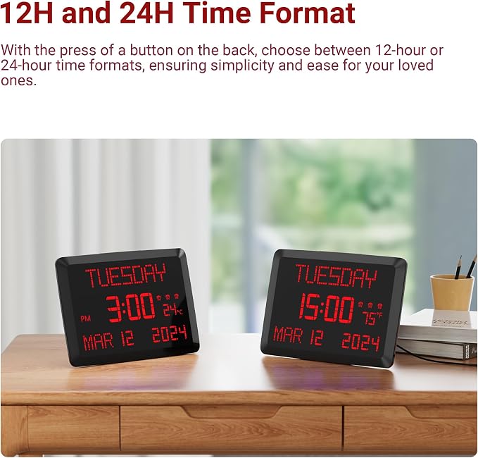 11.5” Extra Large Digital Wall Clock with Date and Day of Week , Electric Desk Clock for Seniors, Large Display Alarm Clock for Bedroom with Battery Backup, 5 Dimmer, 2 USB Ports, Indoor Temp, 12/24H