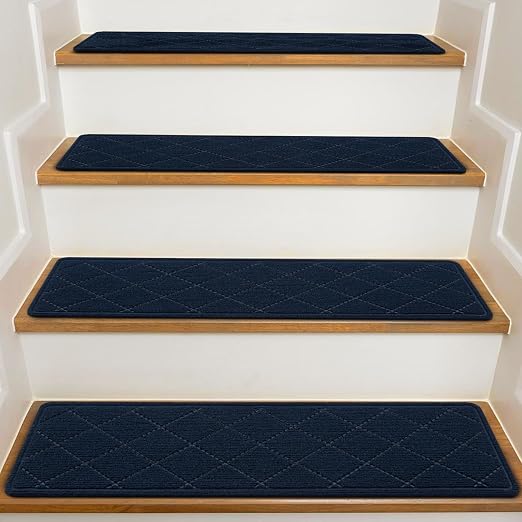 Stair Treads for Wooden Steps Indoor, 15 Pack 8" X 30" Non Slip Carpet Stair Treads with Reusable Adhesive for Elders and Dogs, Surface Polyester TPR Backing Stair Rugs,Navy