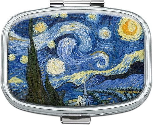 Pill Box 2 Compartment Small Pill Case,Portable for Pocket or Purse Pill Organizer Pill Container Holder to Hold Vitamins, Medication, Fish Oil and Supplements(Starry Night)