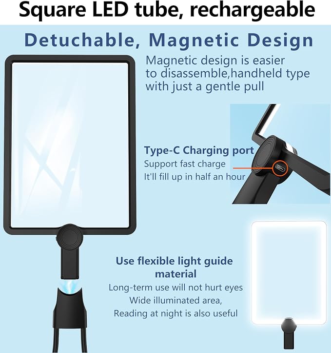 10X Large Rechargeable Magnifying Glass | Hands-Free Magnifier with 50 LED Lights & Adjustable Brightness for Seniors Reading, Crafts, and Low Vision Tasks