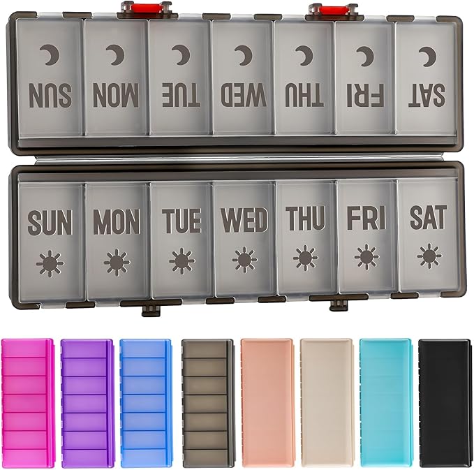 Foldable Pill Organizer 2 Times a Day w/Etched Labels -Dual Protection & Portable Weekly AM PM Pill Box, 7 Day Medicine Container, Large Travel Pill Case for Daily Supplement Vitamin -Clear Black