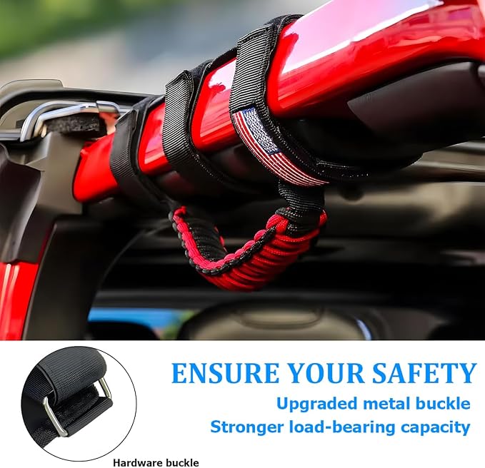 2PCS Car Roll Bar Grab Handles, Oxford Cloth American Flag ATV Paracord Grip Handle with Metal Buckle, Heavy Duty UTV Roll Cage Grab, Compatible with Wrangler JL, JT, JK (Red)
