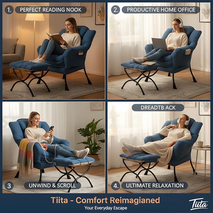 Tiita Lazy Chair with Ottoman, Modern Large Accent Lounge Armchair, Comfy Leisure Sofa Reading Chair with Footrest for Bedroom, Living Room, Dorm Rooms, Garden and Courtyard, Blue