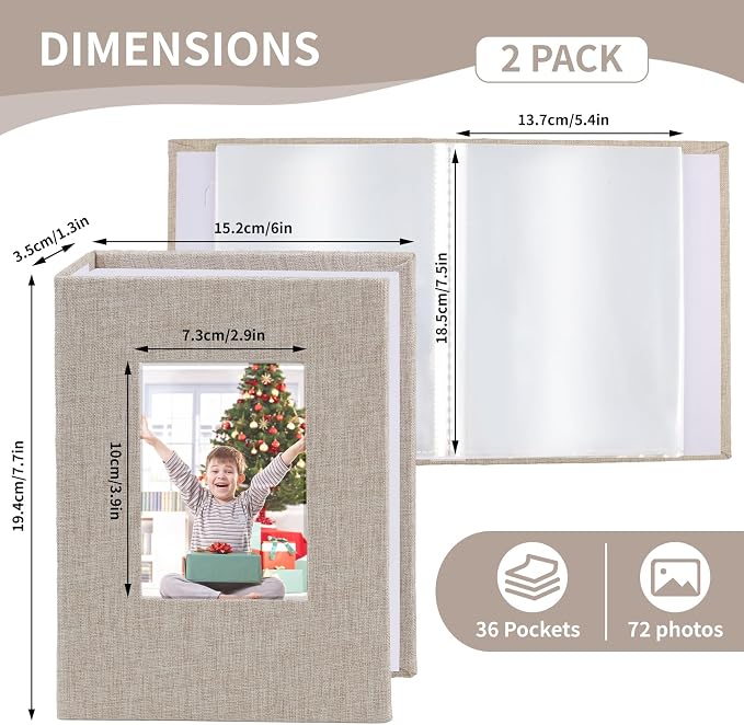 vivinin 2 Pack Photo Album 5x7, Linen Cover Photo Book, Small Photo Album Book for 36 Pockets Hold 72 Pictures, Picture Book for Photos Family Anniversaries Baby Vacations (Beige)