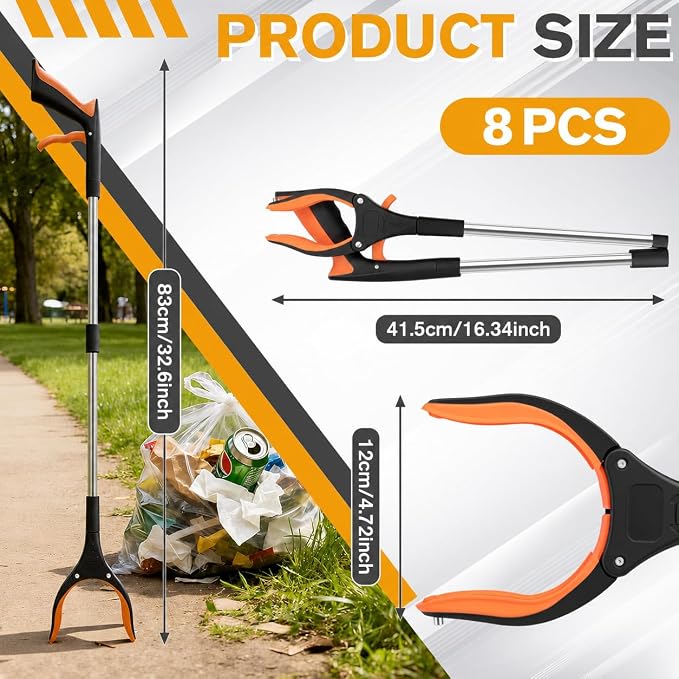 Grabber Reacher Tool - 32” Extra Long Foldable Gripper and Reaching Tool | 8 Pack Pick Up Sticks Heavy Duty Gripper Reacher Grabber Tool Trash Picker Upper Grabbers for Seniors