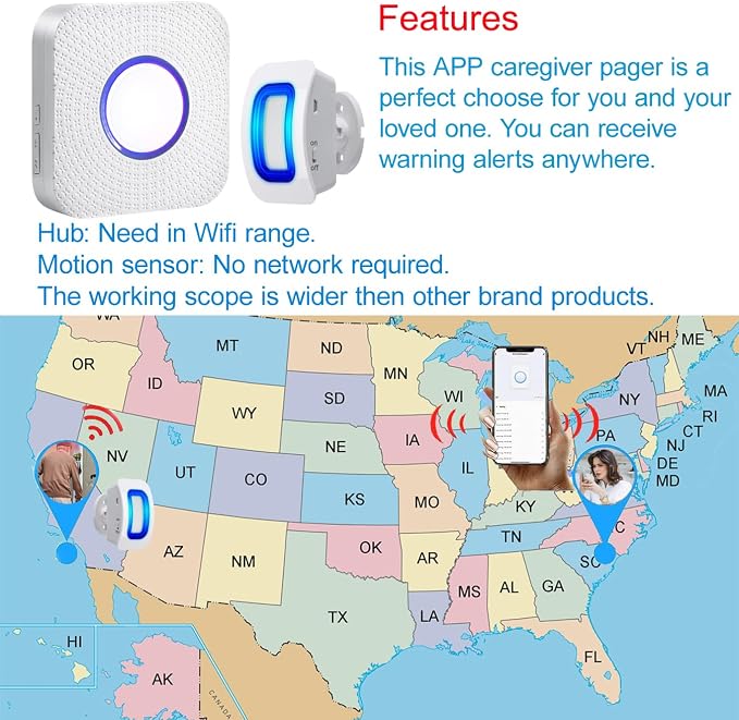 Smart Bed Sensor Alarm and Fall Prevention for Elderly/Dementia,WiFi Wireless Caregiver Pager Motion Sensor Alarm with App (only Supports 2.4GHz WiFi) (1 WiFi Receiver 1 Motion Sensor)