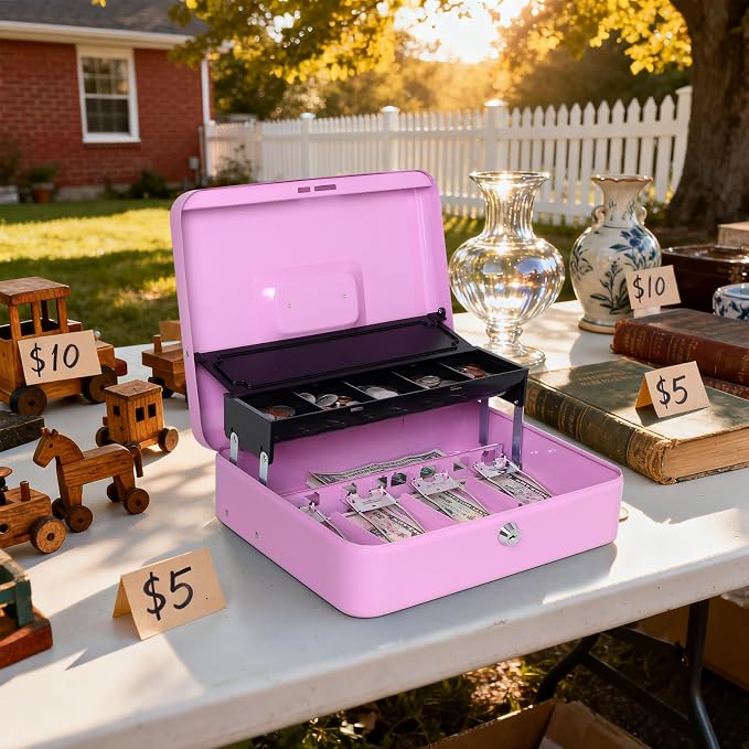 Jssmst Locking Metal Cash Box with Coin Lid, 11.8L x 9.5W x 3.5H Inches, Safe Money Box with Key Lock, Light Purple, SM-CB0517LP