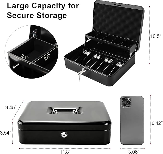 Jssmst Cash Box with Key Lock - 0.9mm Thick Metal Money Box for Garage Sales, Yard Sales and Petty Cash, Portable Cash Drawer with Coin Tray & Spill-Proof Foam Coin Cover, 4 No-Pinch Bill Clips,11.8''