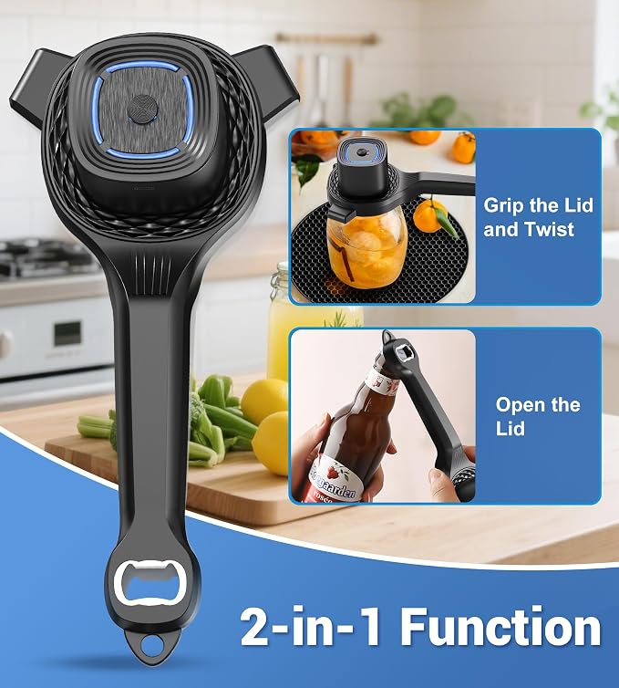 Electric Jar Opener for Seniors with Power-Clamp Technology, 2-in-1 Patent Automatic Jar & Bottle Opener Rechargeable 800mAh Hands-Free Opener with Bonus Anti-Slip Gripper Pad for Beer, Dressing, Jar