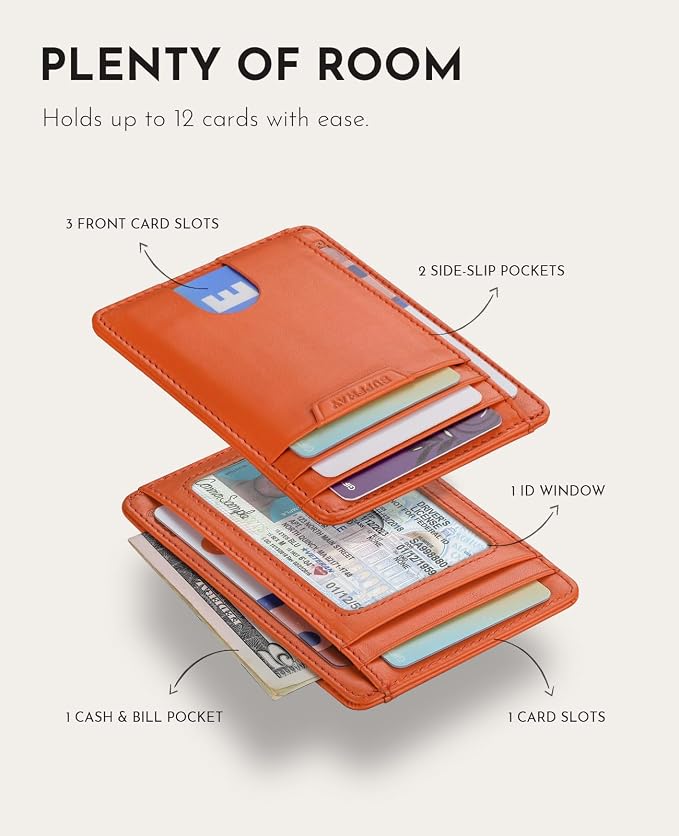Buffway Slim Wallet for Men Women Minimalist Small Leather Front Pocket Wallets with RFID Blocking and Gifts Box - Bassa Orange