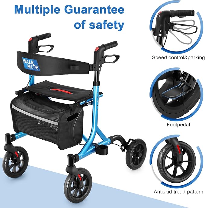 WALK MATE Rollator Walker for Seniors with Cup Holder, Upgraded Thumb Press Button for Height Adjustment, 4 x 8 Wheels Walker with Seat Padded Backrest Folding Lightweight Walking Aid, Blue
