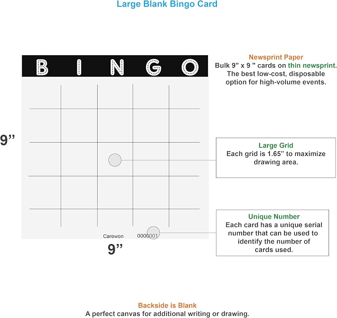 50 Blank Bingo Cards, 9 x 9 Inch Sheets | Classic Newsprint, Large Disposable Design, Ideal for Parties & Events — Proudly Made in USA
