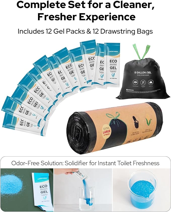 Adjustable Height Portable Toilet with Soft Seat Cushion, Waste Bags & Gel, Camping Toilet for Adults & Kids, Compact Travel Potty for Outdoor, RV, Hiking, Emergency Use