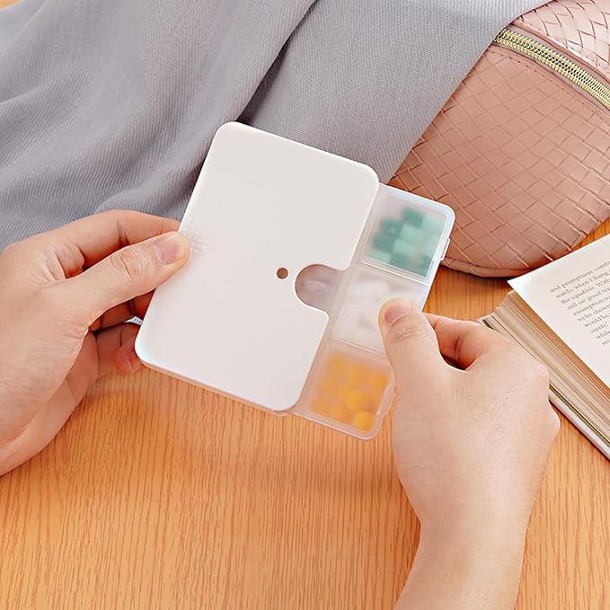 Portable Pill Organizer, 6 Compartments Travel Pill Case for Purse or Pocket -Small Pillbox Semi Transparent Black with Locking Hole (1 Transparent White)