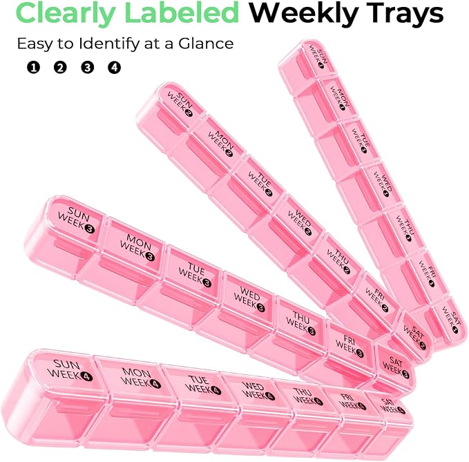 Daviky Monthly Pill Organizer 28 Day, 4 Week Pill Box with Removable Weekly Trays, Large BPA-Free Pill Organizer for Vitamins, Supplements and Medication, Travel Pill Case with Storage Box, Pink
