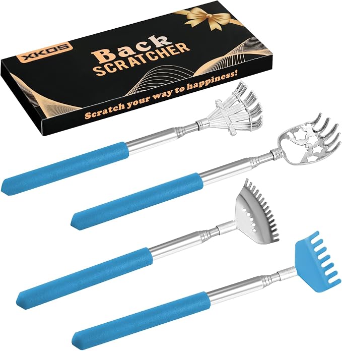 XKOS 4 Pack Different Back Scratcher Portable Telescoping with Rubber Handles, Extendable Metal Back Massager Tool with Beautiful Box, Stocking Stuffers for Men Women Adults (Blue)