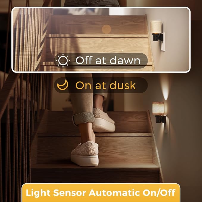 L LOHAS LED Night Lights Plug into Wall,Linen Fabric Cylinder Night Light | 2 Pack Dusk to Dawn Sensor Vintage Nightlight, 5000K Daylight 0-100LM Dimmable, Decor for Bedroom Living Room Hallway