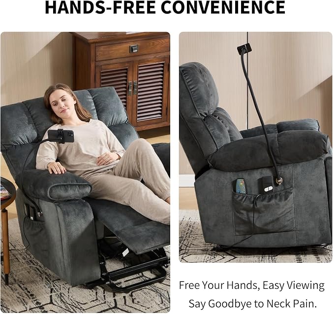 Power Lift Recliner for Elderly with Heat & Massage, Grey | Heat & Massage, Wide Electric Reclining Chair, Cup Holder, Phone Holder & Side Pockets