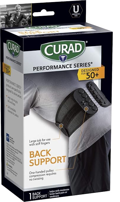 CURAD Performance Series Back Support Designed for Active Seniors 50+, Large Easy to Grip Tabs & Loops for Easier Application, Helps with Moderate to Lower Back Pain