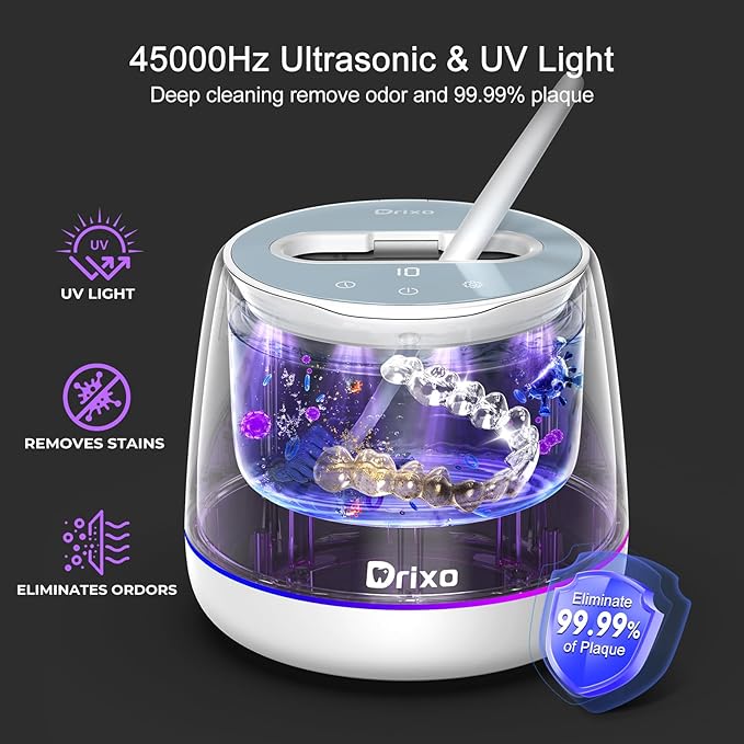 Drixo Ultrasonic Retainer Cleaner Machine, IPX6 Waterproof Dental Cleaning Pod, 3 Modes Denture Cleaner for Night Guard Mouth Guard Braces, 45kHz Denture Dome with UV Light, 200ML Tank, Arctic White
