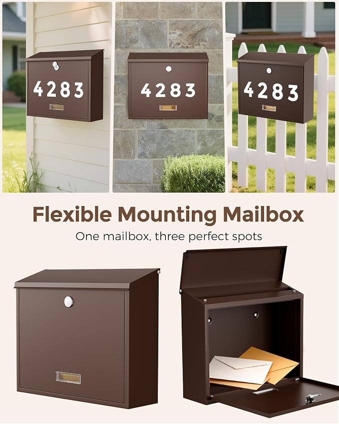 LAND·VOI Locking Wall-Mount Mailbox for Outside, with 4 Keys, Galvanized Steel Rustproof Metal Postbox, 4" Dx13.8 Wx11.2 H, Includes 3 Sets of Mailbox Numbers, Nameplate, Bronze