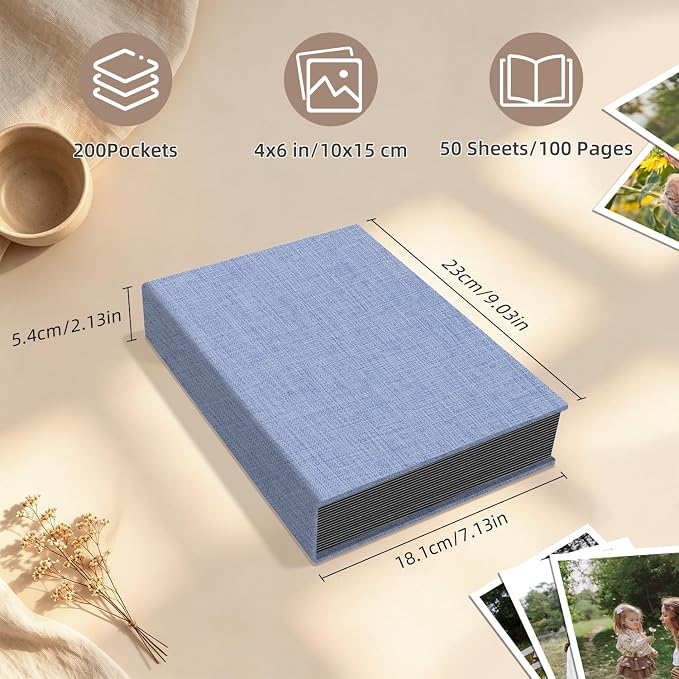 Popotop Photo Album 4x6 200 Pockets for Wedding Gifts,Linen Hardcover Picture Albums for Family Anniversary Baby Vacation Pictures