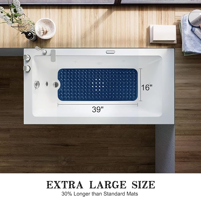 Bathtub and Shower Mats, Extra Long Non-Slip Bath Tub Mat 39 x 16 Inch, Machine Washable Bathmat with Suction Cups & Drain Holes for Bathroom Floor, Navy Blue