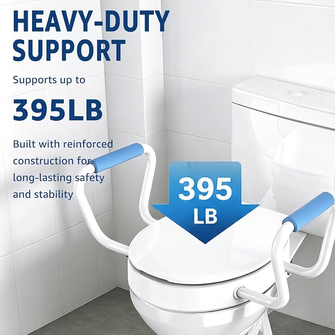 Raised Toilet Seat with Armrest, Round 16.5inch | Height 2.91inch, Soft Close, Quick-Release, Triple Anti-Slip Pad, Urine Splash Guard, Safe and Durable
