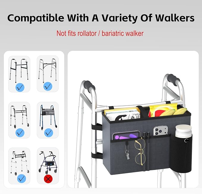 2026 Upgraded Walker Basket with Cup Holder Foldable Bag Tray Gray | Heavy-Duty Oxford Fabric, Walker Accessories for Seniors, Walker Storage Pouch Organizer, Large Capacity